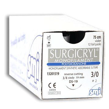 Сурджікрил Монофіламент ПДО шовний матеріал SURGICRYL MONOFILAMENT PDO SMI AG Бельгія, полідіоксанон монофіламент, нитка 4/0 75см 🟣 фіолетова, голка 3/8 кола 16мм зворотньо-ріжуча, упаковка 12 штук фото 13151516