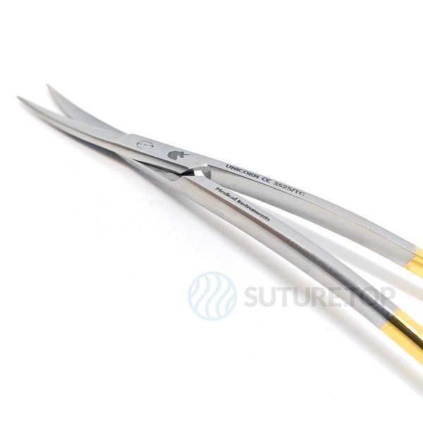 Ножницы хирургические S-образные с двойным изгибом La Grande Double Curved Surgical Scissors 115мм UNICORN Medical Instruments № 3525/TC Gold (Tungsten Carbide Inserts) фото 3525/TC