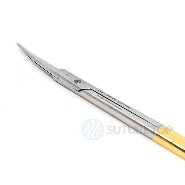 Ножницы хирургические изогнутые Iris Surgical Scissors Curved 115мм UNICORN Medical Instruments № 3512/TC Gold (Tungsten Carbide Inserts) фото 3512/TC