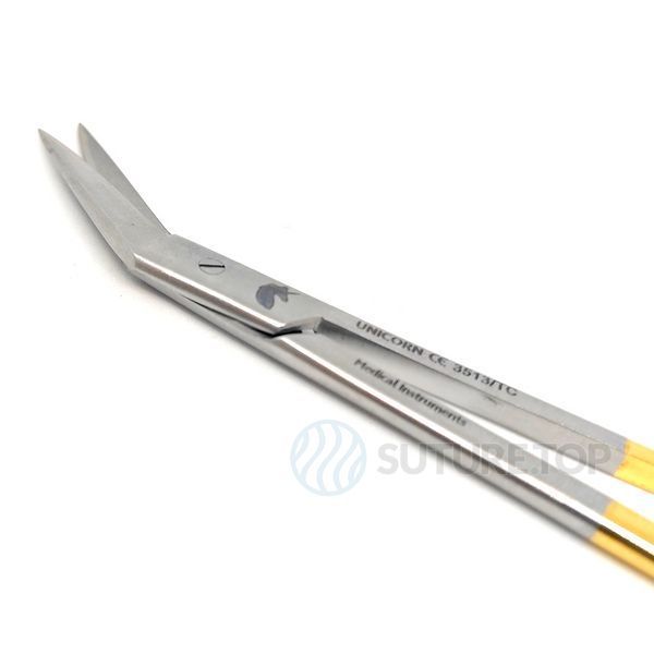 Ножницы хирургические изогнутые под углом 45 градусов Iris Surgical Scissors 45&deg; angled tip 120мм UNICORN Medical Instruments № 3513/TC Gold (Tungsten Carbide Inserts) фото 3513/TC