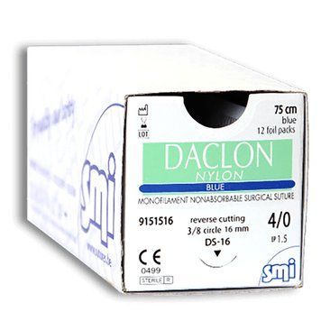 Даклон Нейлон шовний матеріал DACLON NYLON SMI AG Бельгія, монофіламент, нитка 3/0 75см 🔵 синя, голка 3/8 кола 19мм зворотньо-ріжуча, упаковка 12 штук фото 9201519