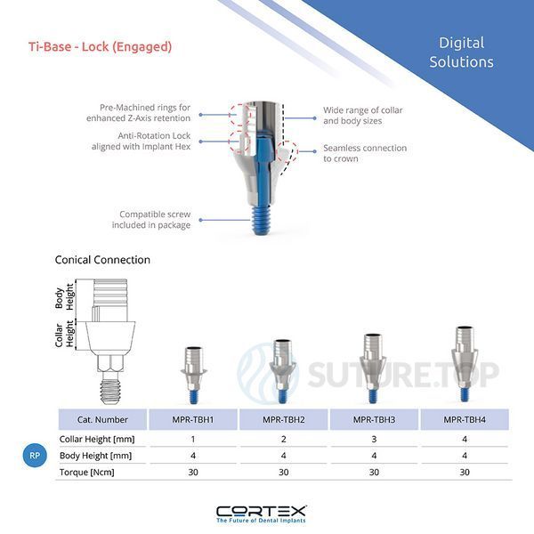 Титанова основа Ti-Base платформа з замком Titanium Base lock Cortex Dental конічне з'єднання з імплантом стандартна платформа Conical Regular Platform (RP) - 2 mm, MPR-TBH2 фото MPR-TBH2
