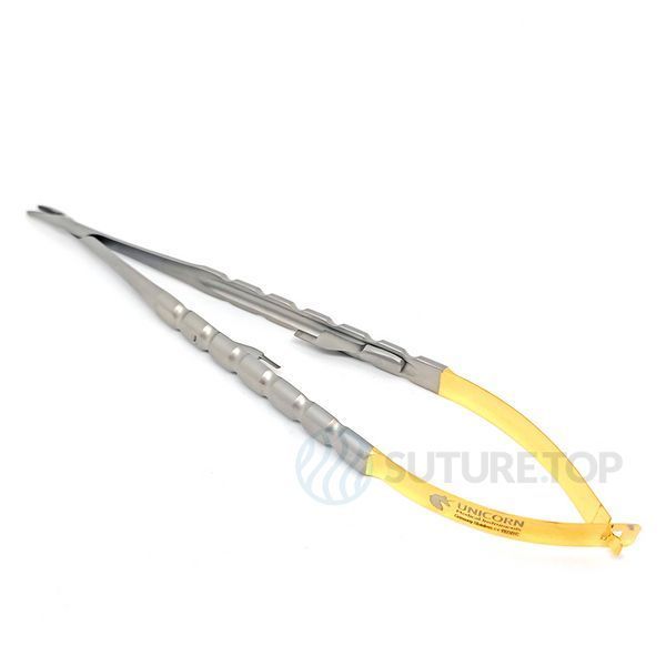 Иглодержатель Castroviejo Needle Holder curved изогнутый 180мм UNICORN Medical Instruments № 1923/TC 180mm Gold (Tungsten Carbide Inserts) фото 1923/TC 180mm