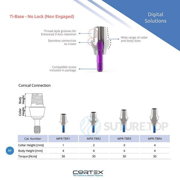 Титанова основа Ti-Base безіндексна платформа без замка Titanium Base no lock Cortex Dental конічне з'єднання з імплантом стандартна платформа Conical Regular Platform (RP) - 2 mm, MPR-TBR2 фото MPR-TBR2