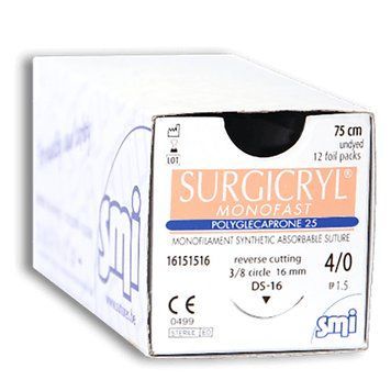 Сурджікрил Монофаст шовний матеріал SURGICRYL MONOFAST SMI AG Бельгія, поліглекапрон 25 монофіламент, нитка 4/0 75см ⚪️ безбарвна, голка 3/8 кола 16мм зворотньо-ріжуча, упаковка 12 штук фото 16151516
