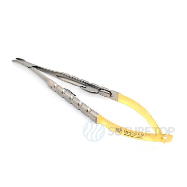 Иглодержатель Castroviejo Needle Holder curved изогнутый 150мм UNICORN Medical Instruments № 1924/TC 150mm Gold (Tungsten Carbide Inserts) фото 1924/TC