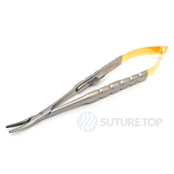 Иглодержатель Castroviejo Needle Holder curved изогнутый 150мм UNICORN Medical Instruments № 1924/TC 150mm Gold (Tungsten Carbide Inserts) фото 1924/TC