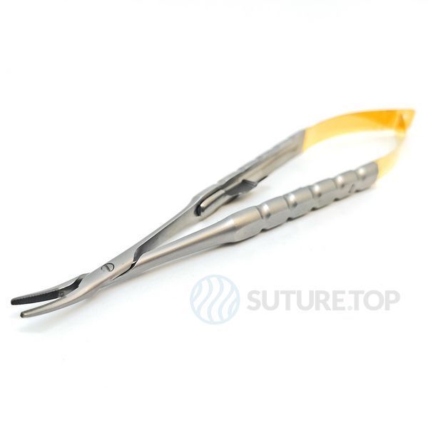 Иглодержатель Castroviejo Needle Holder curved изогнутый 150мм UNICORN Medical Instruments № 1924/TC 150mm Gold (Tungsten Carbide Inserts) фото 1924/TC