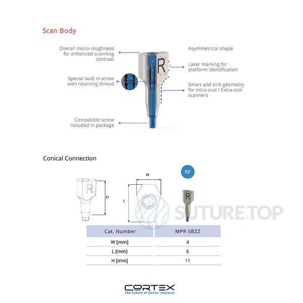 Скан-абатмент Scan Body скан маркер MPR-SBZZ Cortex Dental Implants конічне з'єднання з імплантом стандартна платформа Conical Regular Platform (RP) фото MPR-SBZZ