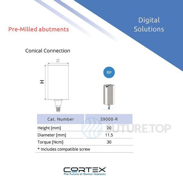 Блок Pre Mill для фрезеровки Pre-Milled Block S9000-R Cortex Dental Implants конусное соединение с имплантатом стандартная платформа Conical Regular Platform (RP) фото S9000-R