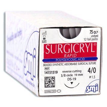 Сургикрил Рапид ПГА шовный материал SURGICRYL RAPID PGA SMI AG Бельгия, полигликоль рапид плетеный, нить 4/0 75см ⚪️ бесцветная, игла 3/8 круга 19мм обратно-режущая, упаковка 12 штук фото 14151519