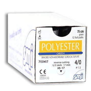 Поліестер шовний матеріал POLYESTER SMI AG Бельгія, плетений, нитка 5/0 75см 🟢 зелена, голка 3/8 кола 16мм зворотньо-ріжуча, упаковка 12 штук фото 7101516