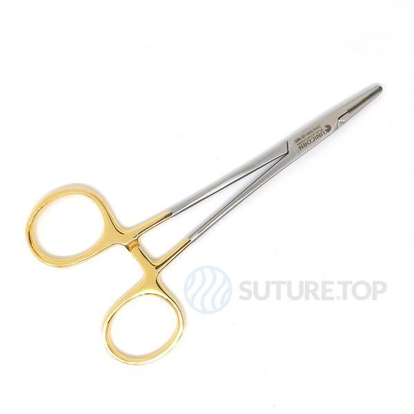 Голкотримач Halsey Needle Holder 130мм UNICORN Medical Instruments № 1748 TC Gold (Tungsten Carbide Inserts) фото 1748 TC